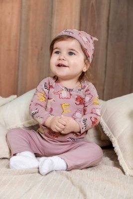 Kit Bebê Menina Com Touca Estampada Elian Rosa