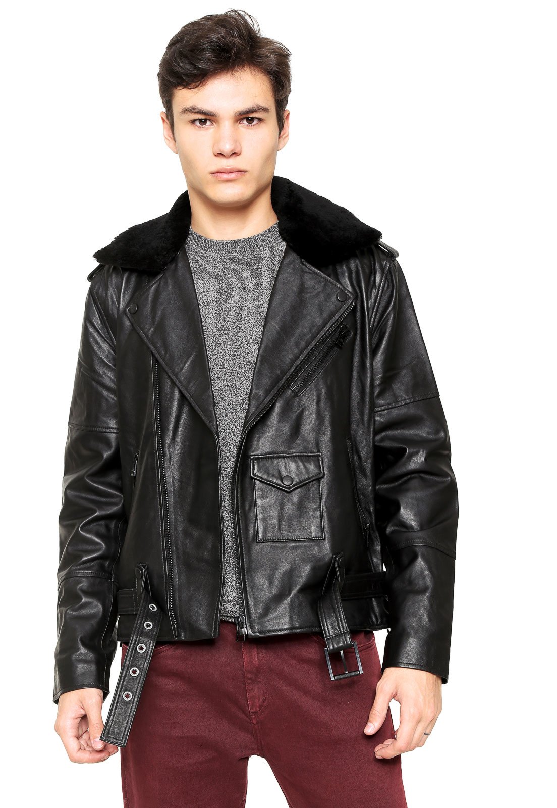 jaqueta de couro ellus masculina motoqueiro