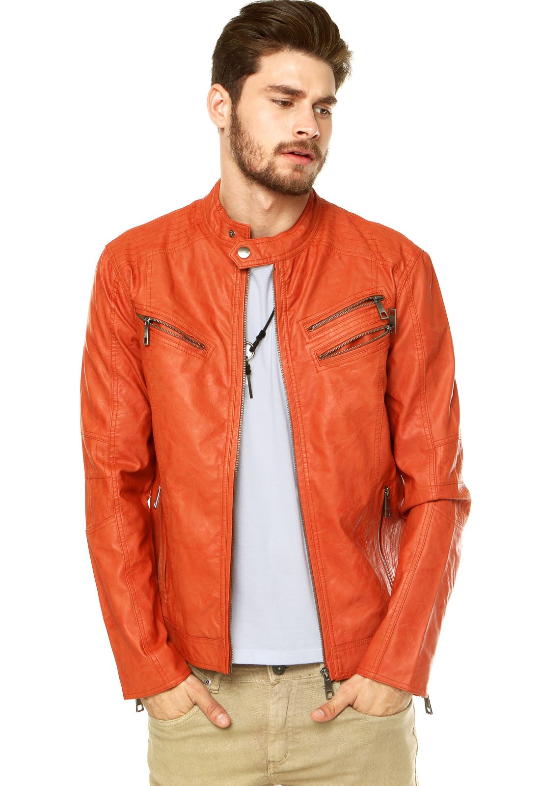 jaqueta de couro laranja