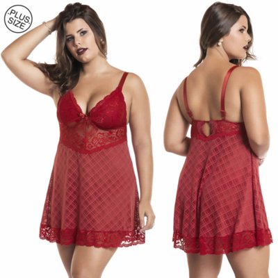 Camisola Plus Size Estilo Sedutor Transparente em Tule e Renda com Calcinha Vermelha Menor preço em Camisola Plus Size Estilo Sedutor Transparente em Tule e Renda com Calcinha Vermelha
