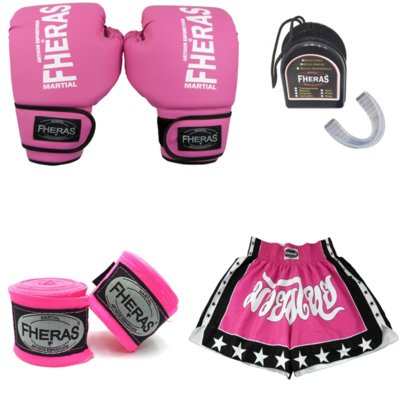 Kit Boxe Muay Thai Fheras Luva Bandagem Bucal Shorts ROSA 08 OZ Menor preço em Kit Boxe Muay Thai Fheras Luva Bandagem Bucal Shorts ROSA 08 OZ
