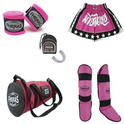 Kit Muay Thai Boxe Fheras Bolsa Caneleira B. Bandagem Shorts Rosa Menor preço em Kit Muay Thai Boxe Fheras Bolsa Caneleira B. Bandagem Shorts Rosa