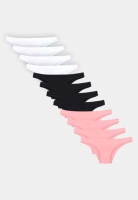 Kit 10 Calcinhas Básicas Conforto Fitss Tanga Microfibra Preto Branco e Rosa
