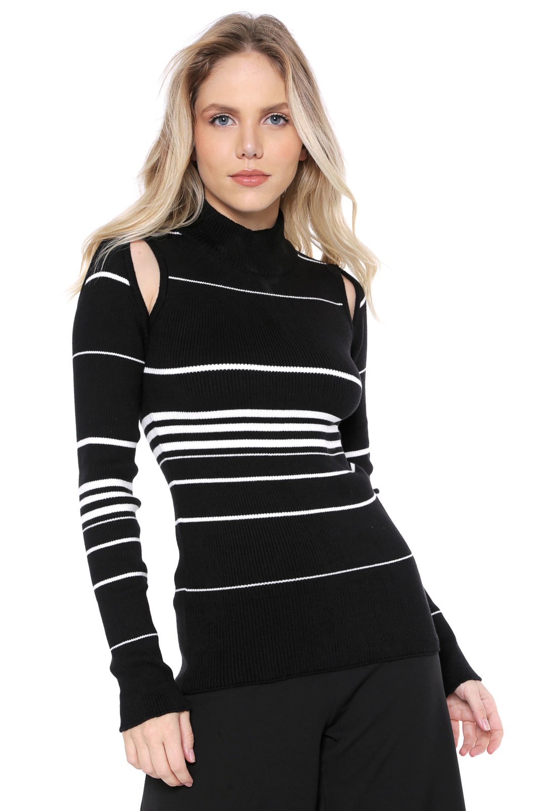 blusa de tricot listrada preta e branca