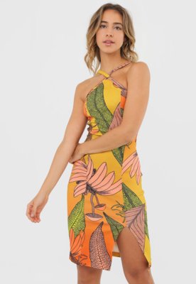 Vestido Forum Curto Estampado Laranja/Amarelo Menor preço em Vestido Forum Curto Estampado Laranja/Amarelo