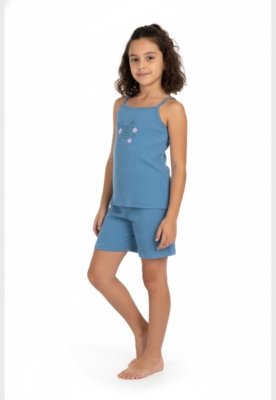 Conjunto em Ribana Canelada Menina com Regata e Short Guloseima Azul