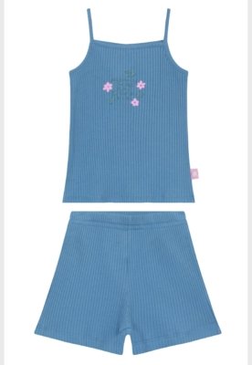 Conjunto em Ribana Canelada Menina com Regata e Short Guloseima Azul