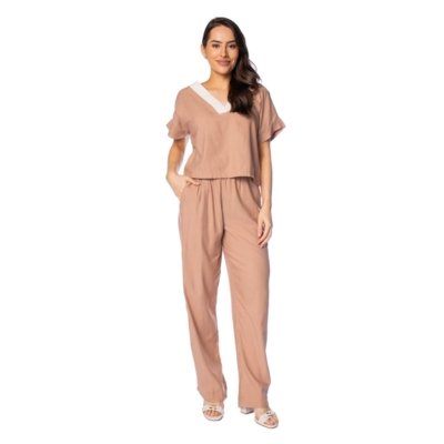 Calça Feminina Giraffe Linho Reta Filete Lateral Marrom Claro
