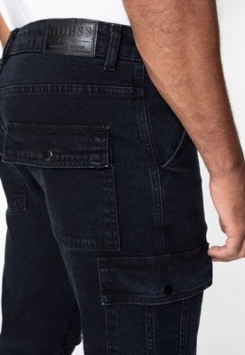 Calça Jeans Cargo Recortes Preto