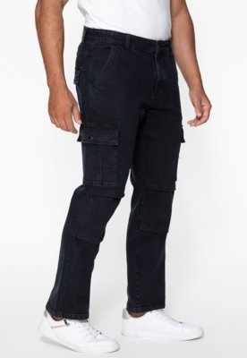 Calça Jeans Cargo Recortes Preto