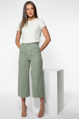 Calça Sarja Guess Wide Leg Cropped Verde Musgo