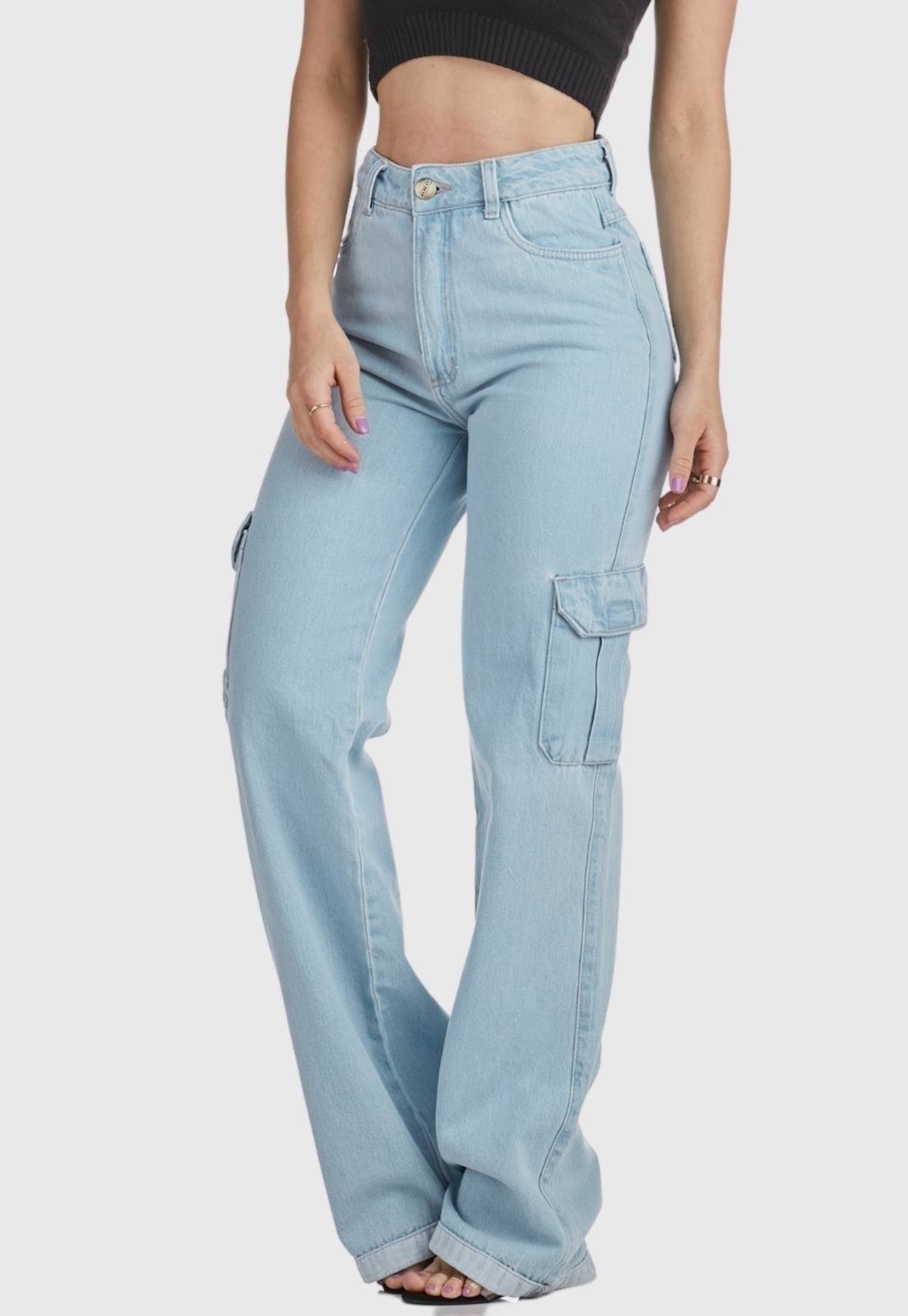 Calça Jeans HNO Jeans Wide Leg Cargo Hot Pant Bolso Lateral Azul Claro -  Compre Agora