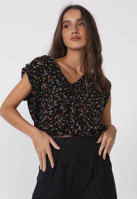Blusa Cropped Hering Floral Preta/Amarela Menor preço em Blusa Cropped Hering Floral Preta/Amarela