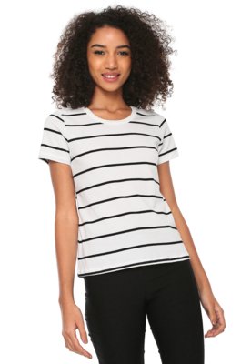 Camiseta Hering Reta Listrada Branca/Preta Menor preço em Camiseta Hering Reta Listrada Branca/Preta