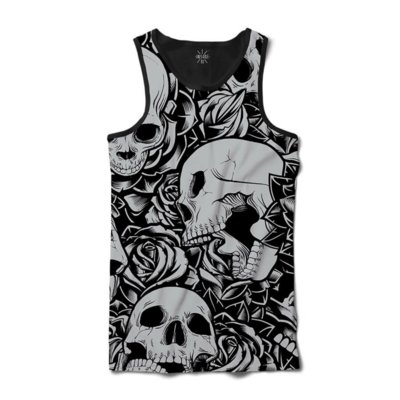 Camiseta Insane 10 Regata Caveiras com Rosas Sublimada Preto Branca Menor preço em Camiseta Insane 10 Regata Caveiras com Rosas Sublimada Preto Branca