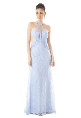Vestido Izad Longo Em Renda E Tule Decote Costas Azul Claro Menor preço em Vestido Izad Longo Em Renda E Tule Decote Costas Azul Claro