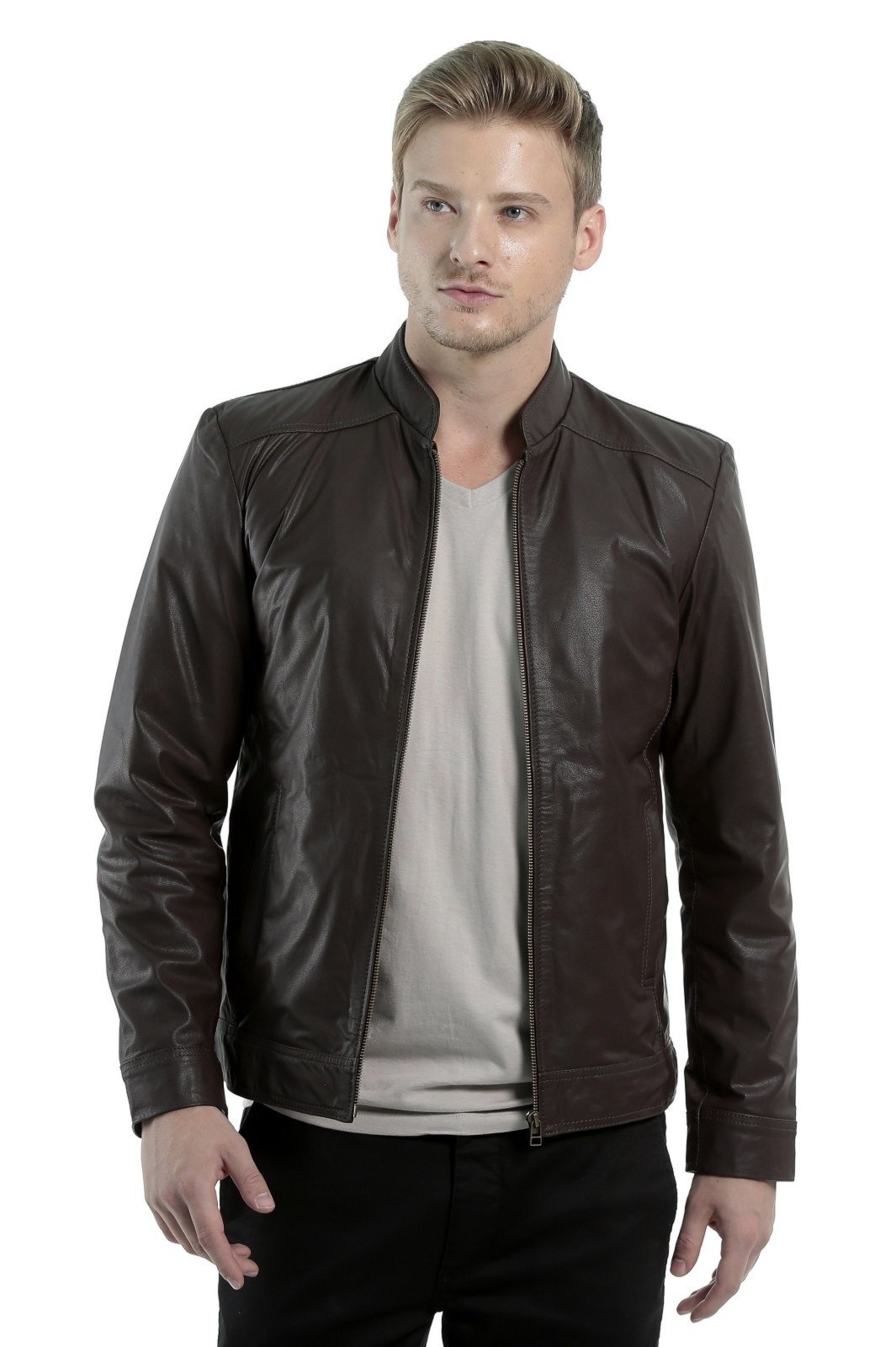 jaqueta de couro masculina slim marrom