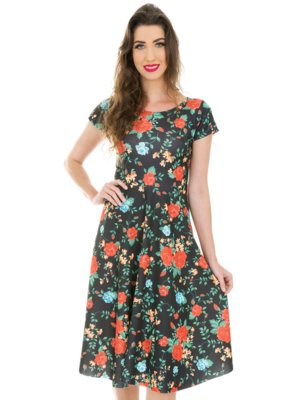 Vestido Jogabe Godê Midi Floral Preto Menor preço em Vestido Jogabe Godê Midi Floral Preto