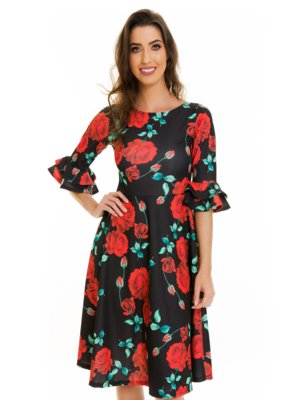 Vestido Jogabe Midi Godê Floral Vermelho Menor preço em Vestido Jogabe Midi Godê Floral Vermelho
