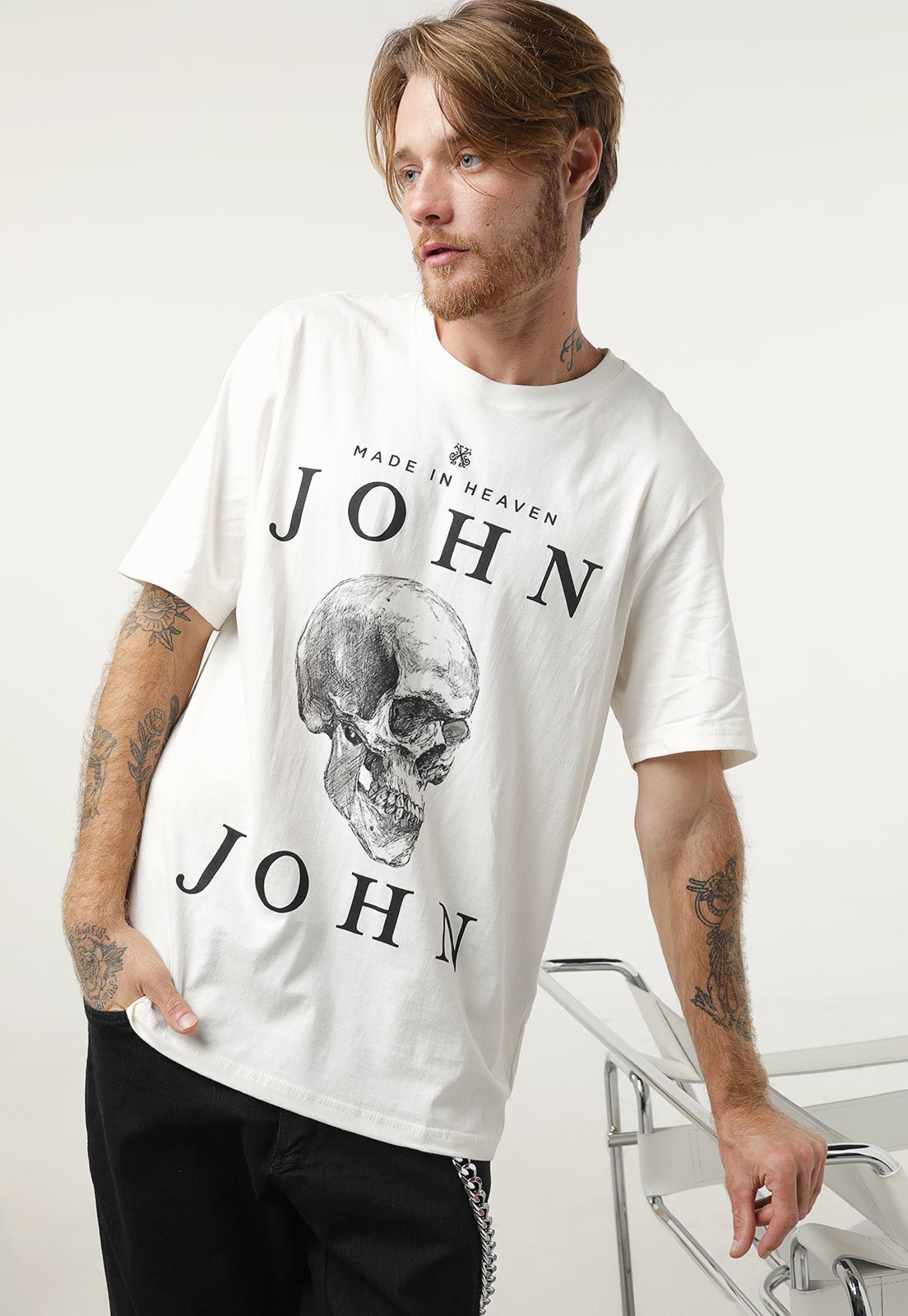 Camisa John John Masculina Fire Skull Branca 