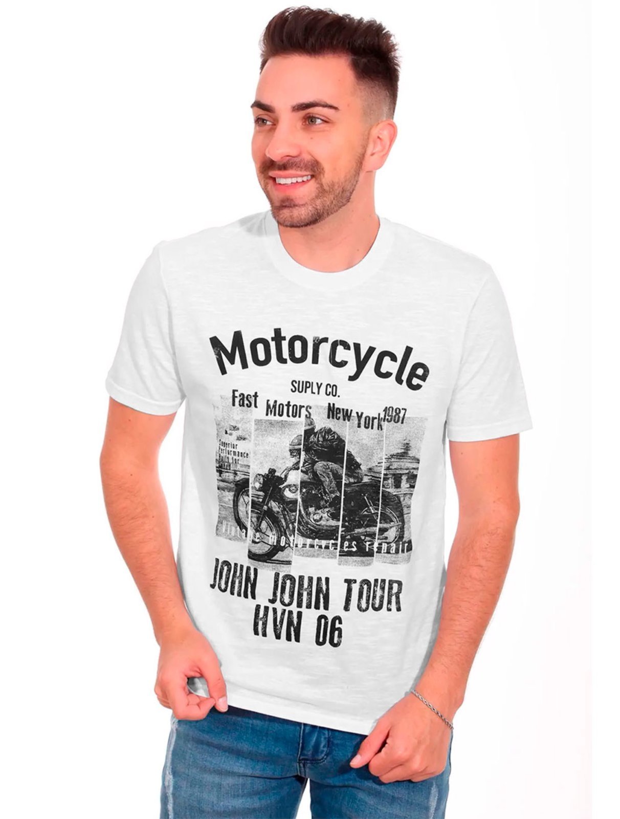 Camiseta John John Masculina Motorcycle Suply Co. Branca