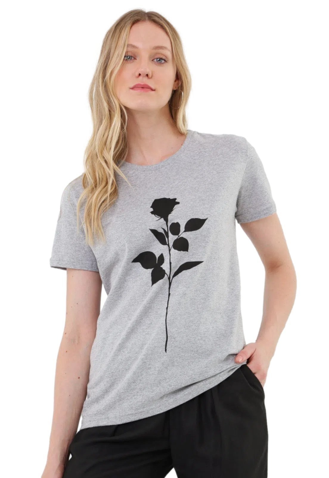 Camiseta T-Shirt Feminina Joss Basica Black Flower Cinza - Compre