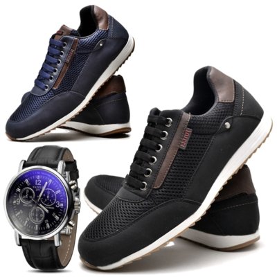 Kit 02 Pares de Sapatênis Sapato Casual Com Relógio Juilli 1100L Preto e Azul Menor preço em Kit 02 Pares de Sapatênis Sapato Casual Com Relógio Juilli 1100L Preto e Azul