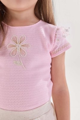 Conjunto Blusa Rosa Texturizada com Short-Saia em Moletinho com Linho