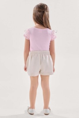Conjunto Blusa Rosa Texturizada com Short-Saia em Moletinho com Linho