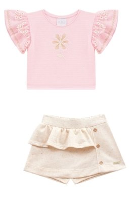 Conjunto Blusa Rosa Texturizada com Short-Saia em Moletinho com Linho