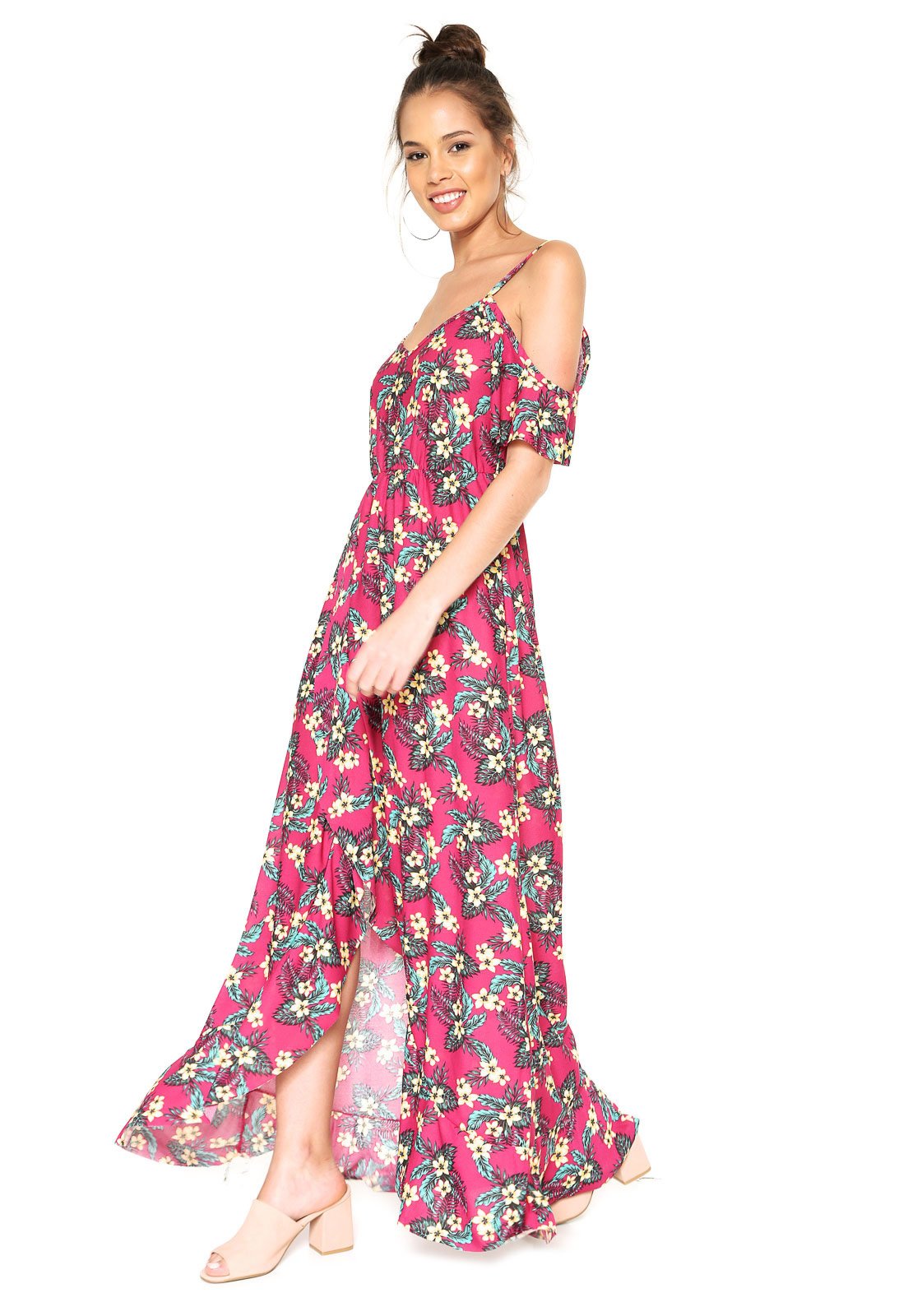 vestido longo rosa floral