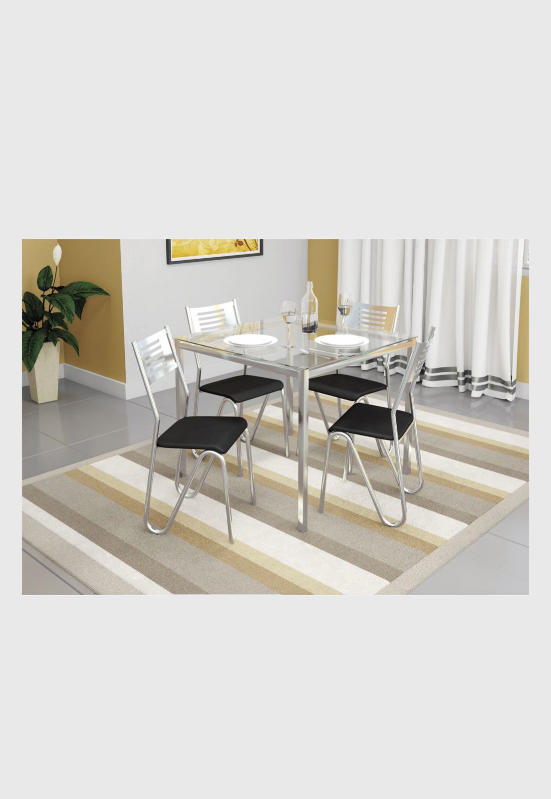 Conjunto: Mesa de Cozinha Reno c/ Tampo Vidro 90cm + 4 Cadeiras Nápoles  Cromado/Courano Preto - Kappesberg no Shoptime