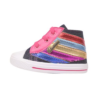 Tênis Infantil Kimimo De Lona Cano Alto Com Elástico Listras Coloridas/Jeans Escuro Menor preço em Tênis Infantil Kimimo De Lona Cano Alto Com Elástico Listras Coloridas/Jeans Escuro