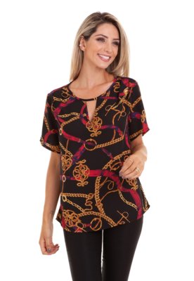 Blusa Kinara Crepe Estampada Corrente Preto Menor preço em Blusa Kinara Crepe Estampada Corrente Preto