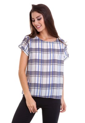 Blusa Kinara Crepe Xadrez Azul Menor preço em Blusa Kinara Crepe Xadrez Azul