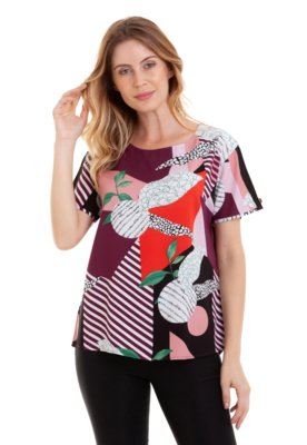 Blusa Kinara Viscose Estampada Manga Roxo Menor preço em Blusa Kinara Viscose Estampada Manga Roxo