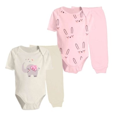 Kit 4 Pçs Body Curto e Mijão Roupa de Bebê Maternidade Verão Rosa