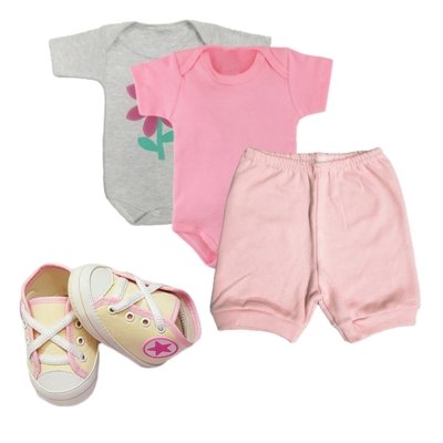 Kit Roupa de Bebê 4 Peças Body e Short e Sapatinho Look Bebê Rosa