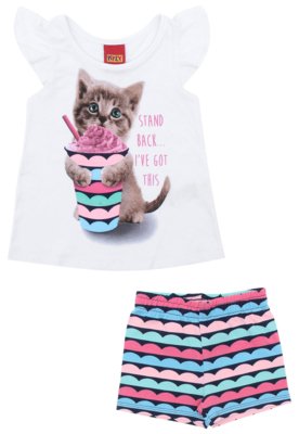 Conjunto 2pçs Kyly Gatinho Branco/Azul Menor preço em Conjunto 2pçs Kyly Gatinho Branco/Azul