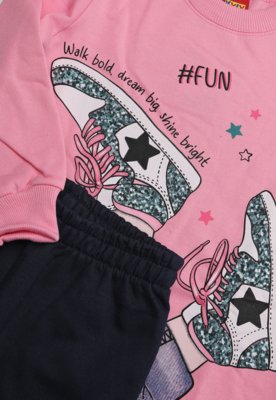 Conjunto Infantil Kyly Blusa Gráfico Rosa e Calça Azul Marinho