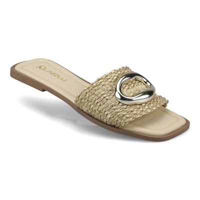Sandália Feminina Rasteira Ráfia Enfeite Confortável Off White