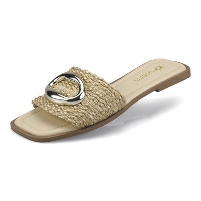 Sandália Feminina Rasteira Ráfia Enfeite Confortável Off White