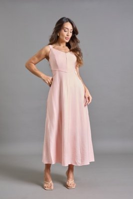 Vestido Midi Rosa com Alças Reguláveis e Bolsos Laterais Lemier Collection