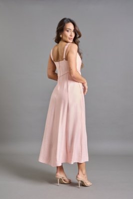 Vestido Midi Rosa com Alças Reguláveis e Bolsos Laterais Lemier Collection