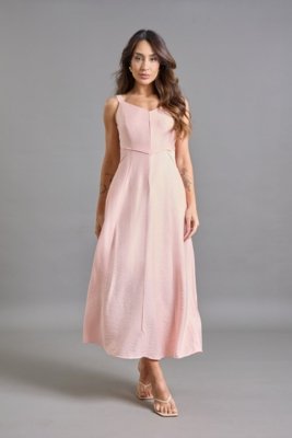 Vestido Midi Rosa com Alças Reguláveis e Bolsos Laterais Lemier Collection