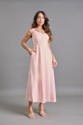 Vestido Midi Rosa com Alças Reguláveis e Bolsos Laterais Lemier Collection