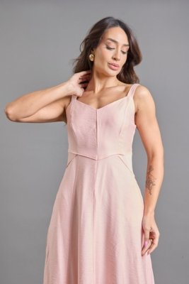 Vestido Midi Rosa com Alças Reguláveis e Bolsos Laterais Lemier Collection