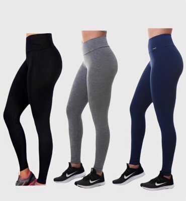 Kit Com 3 Calça Leggings Cós Alto Preto/Cinza/Azul Menor preço em Kit Com 3 Calça Leggings Cós Alto Preto/Cinza/Azul