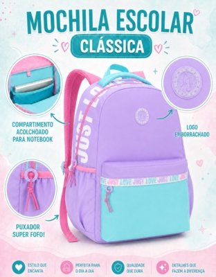 Mochila Feminina Escolar Grande Colorida Love Resistente Roxo