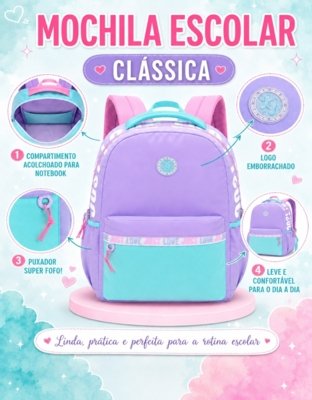 Mochila Feminina Escolar Grande Colorida Love Resistente Roxo